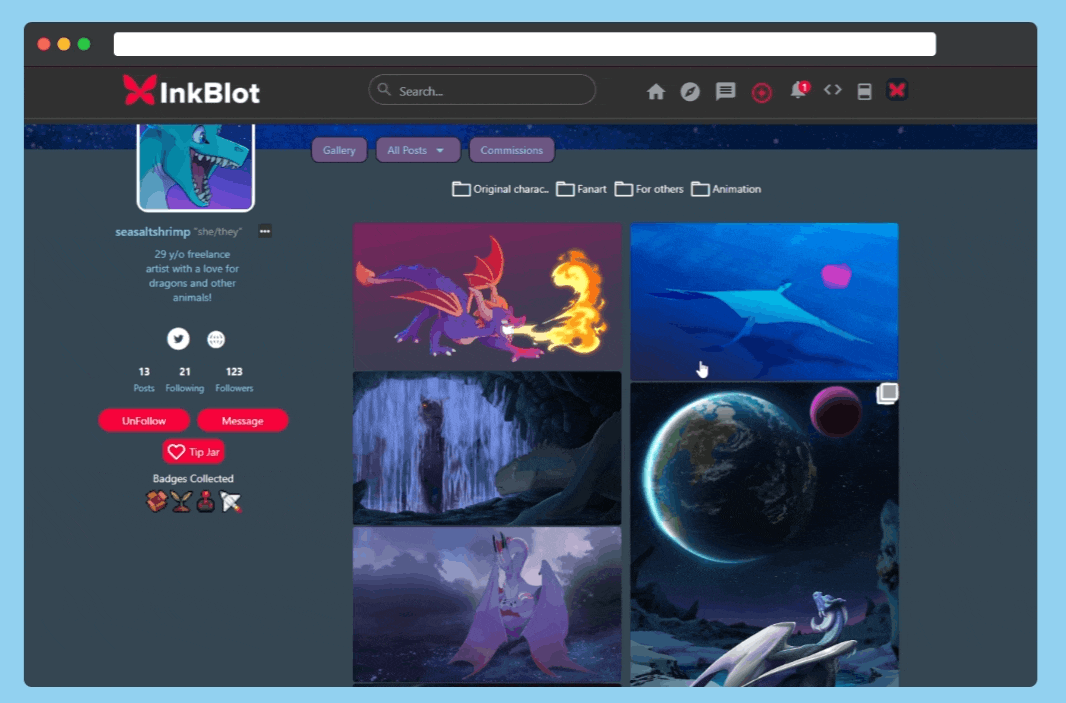 Screenshot of seasaltshrimp's profile on inkblot.art